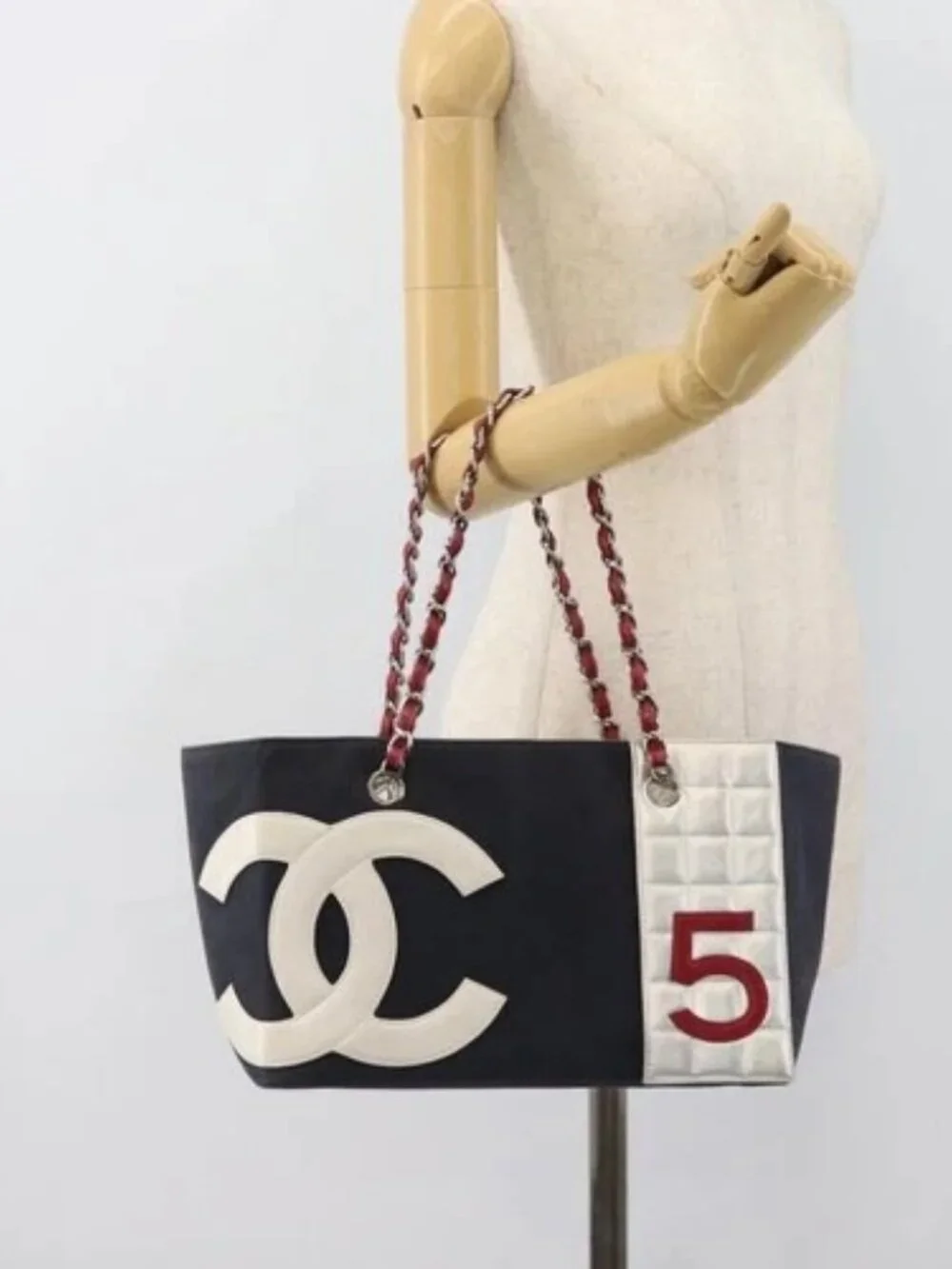 CHANEL Choco Bar Chain Tote Bag No5 Canvas Navy Silver CC Auth 188914